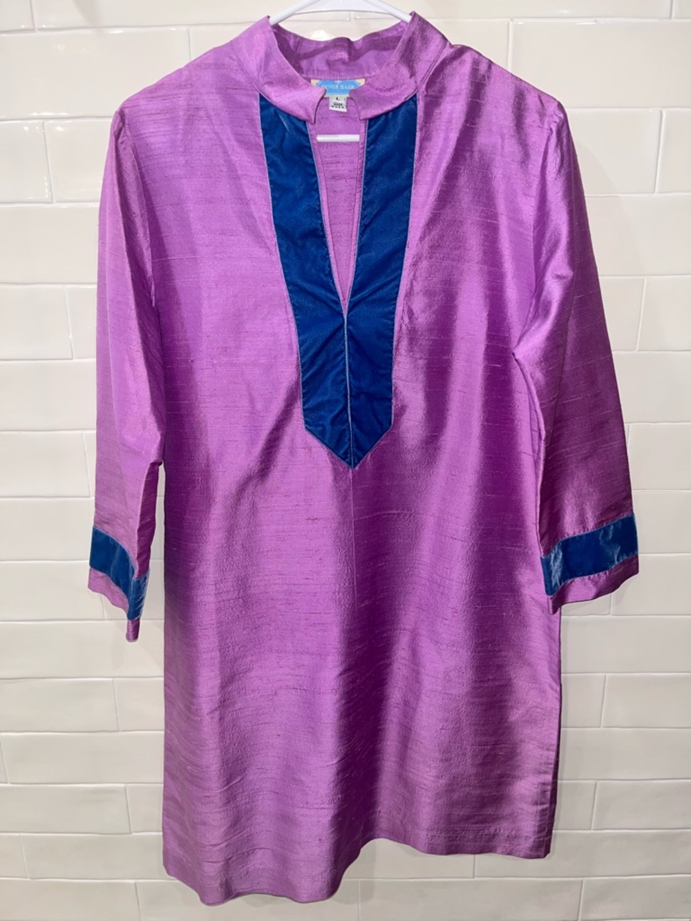Devon Baer Tunic Dress Magenta Silk & Blue Velvet Details Sz Large Boho